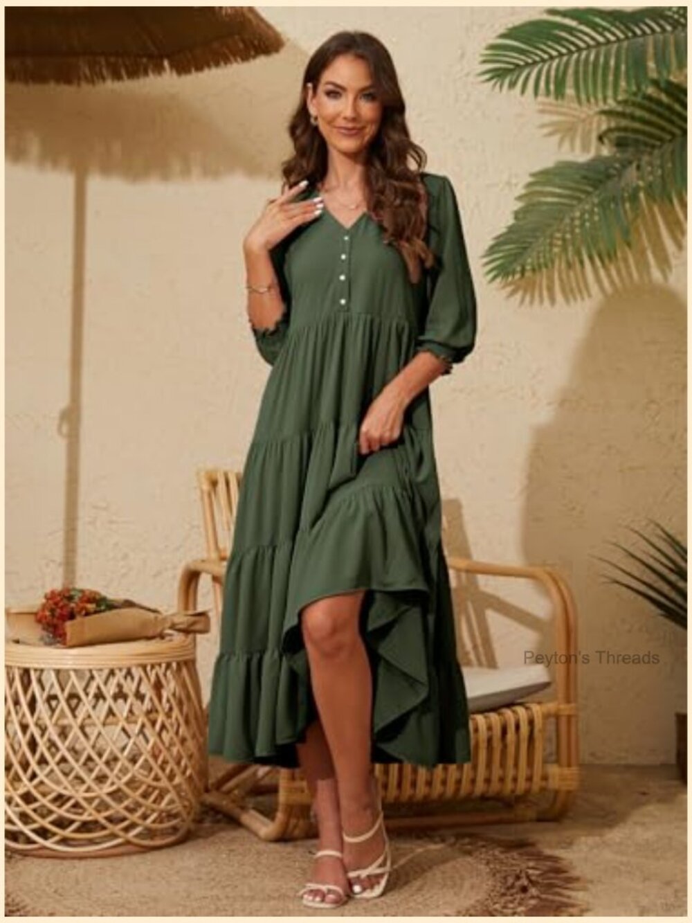 V Neck Boho Midi Dress Puff Sleeve High Waist Floral Smocked Flowy Ruffle - Picture 2 of 6